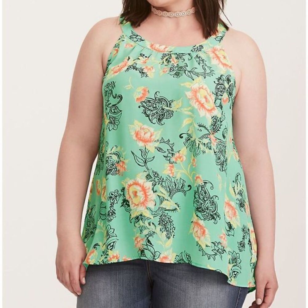 Torrid Floral Georgette High Neck Tank Blouse Green Floral 1X